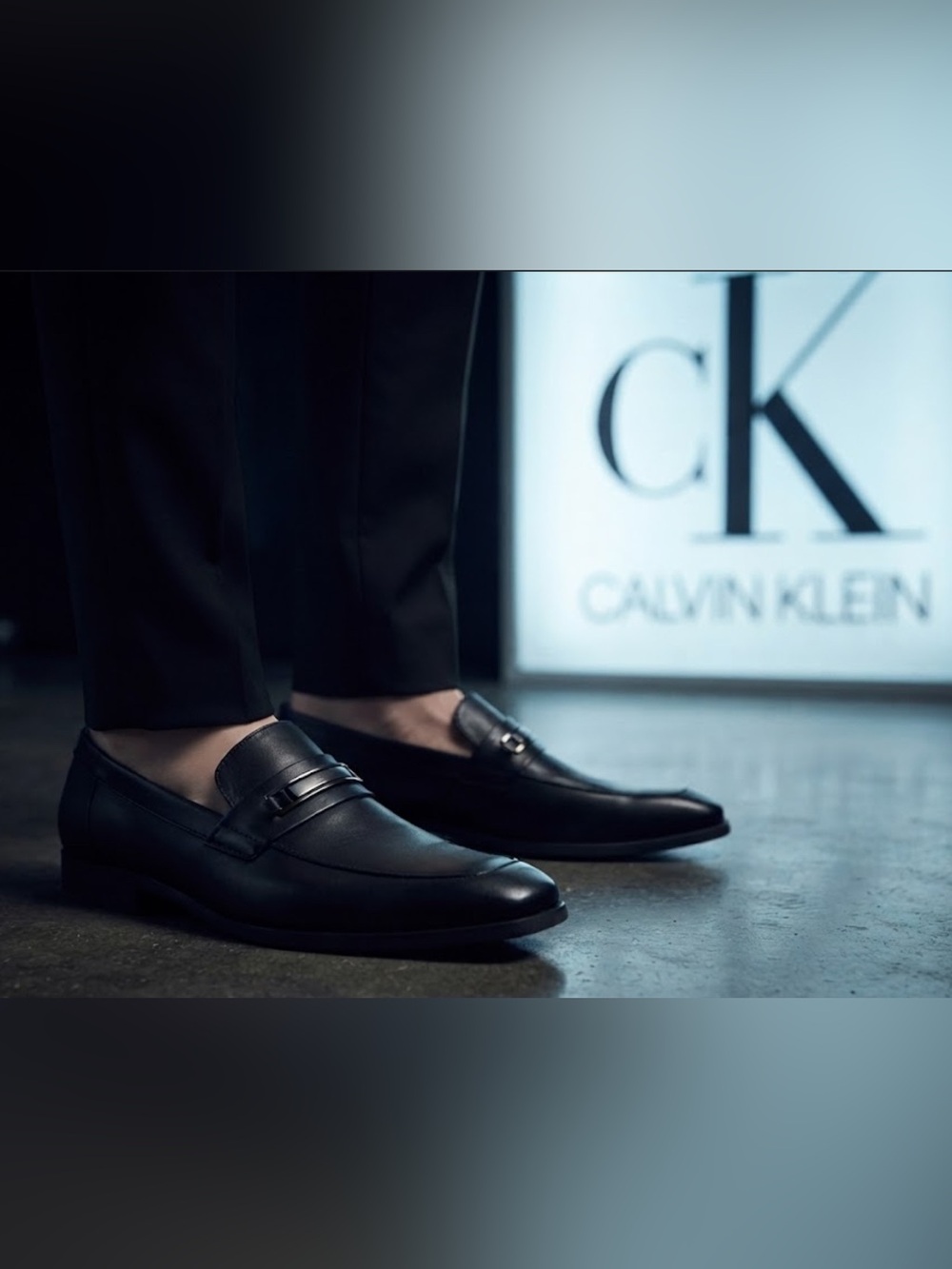 Authentic Calvin Klein genuine black leather signature designer mens loafers 9.5
